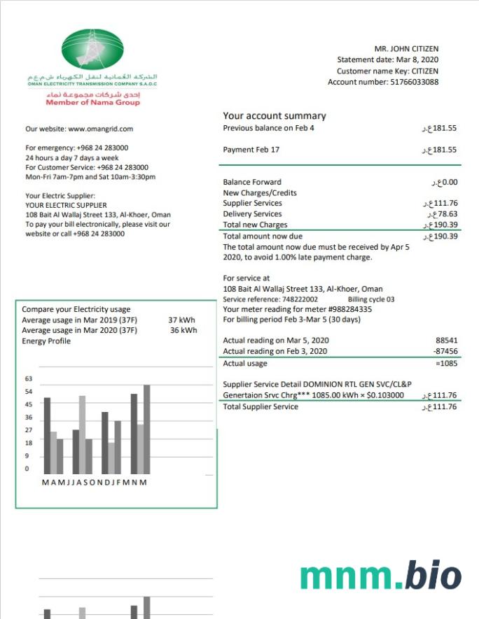 Oman Electricity Transmission Firma elektryczność rachunek za media szablon w formacie Word i PDF